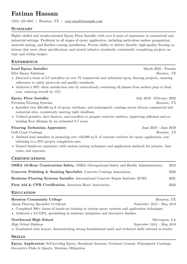 Epoxy Floor Installer Resume Example CV template preview
