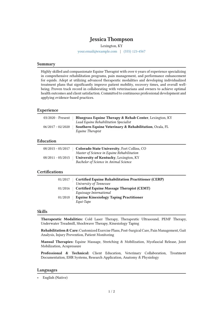 Equine Therapist Resume Example CV template preview