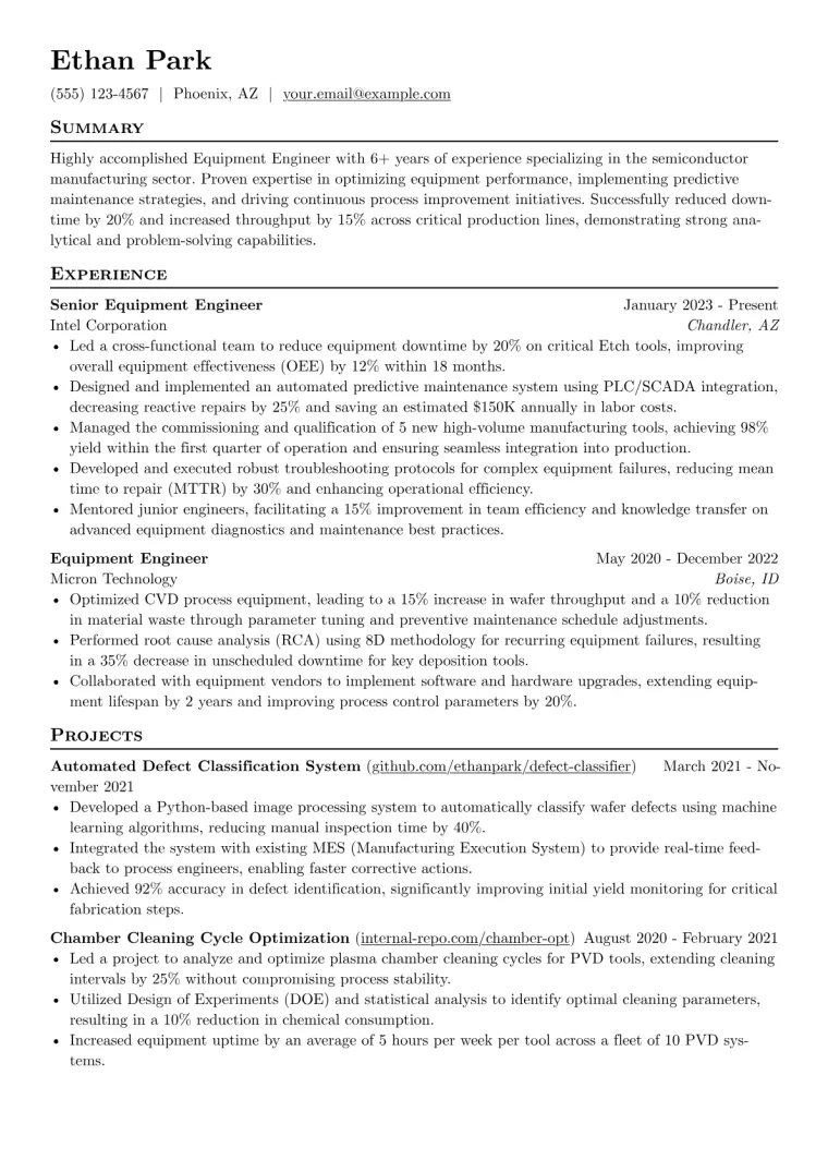 Equipment Engineer Resume Example CV template preview