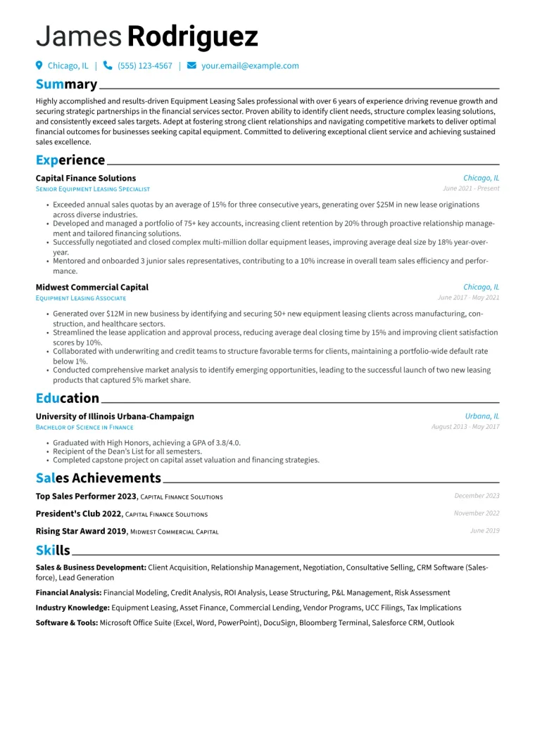Equipment Leasing Sales Resume Example CV template preview
