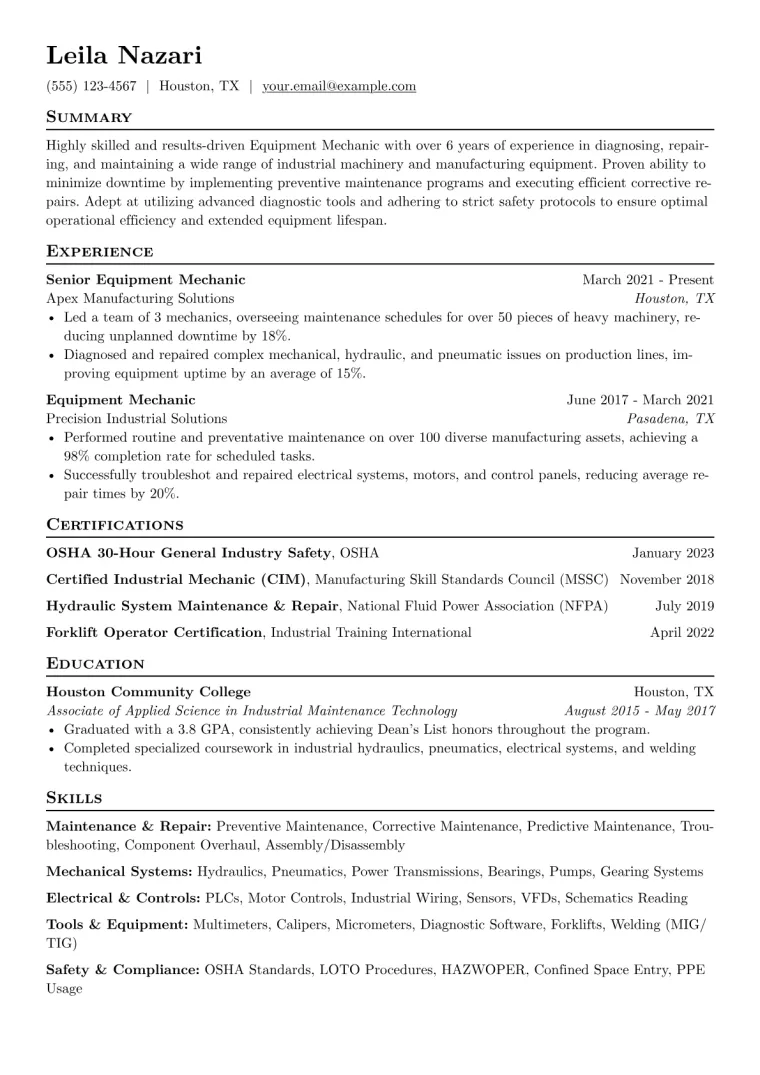 Equipment Mechanic Resume Example CV template preview
