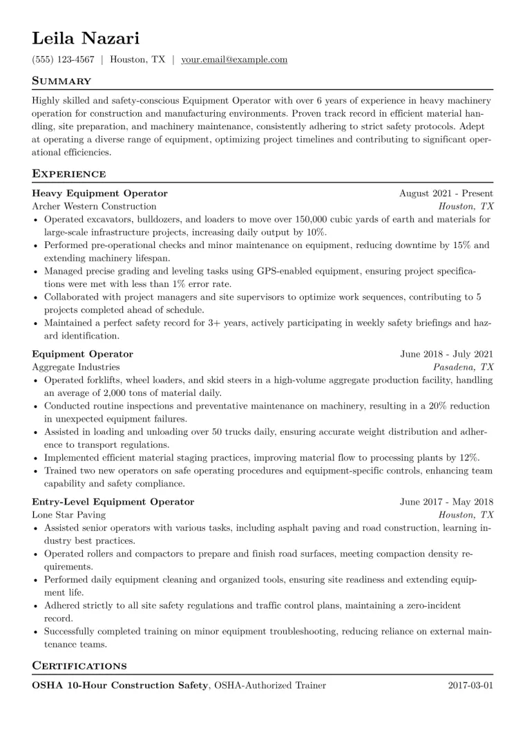 Equipment Operator Resume Example CV template preview