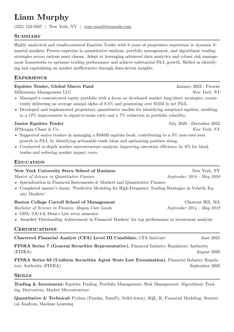 Equities Trader Resume Example CV template preview