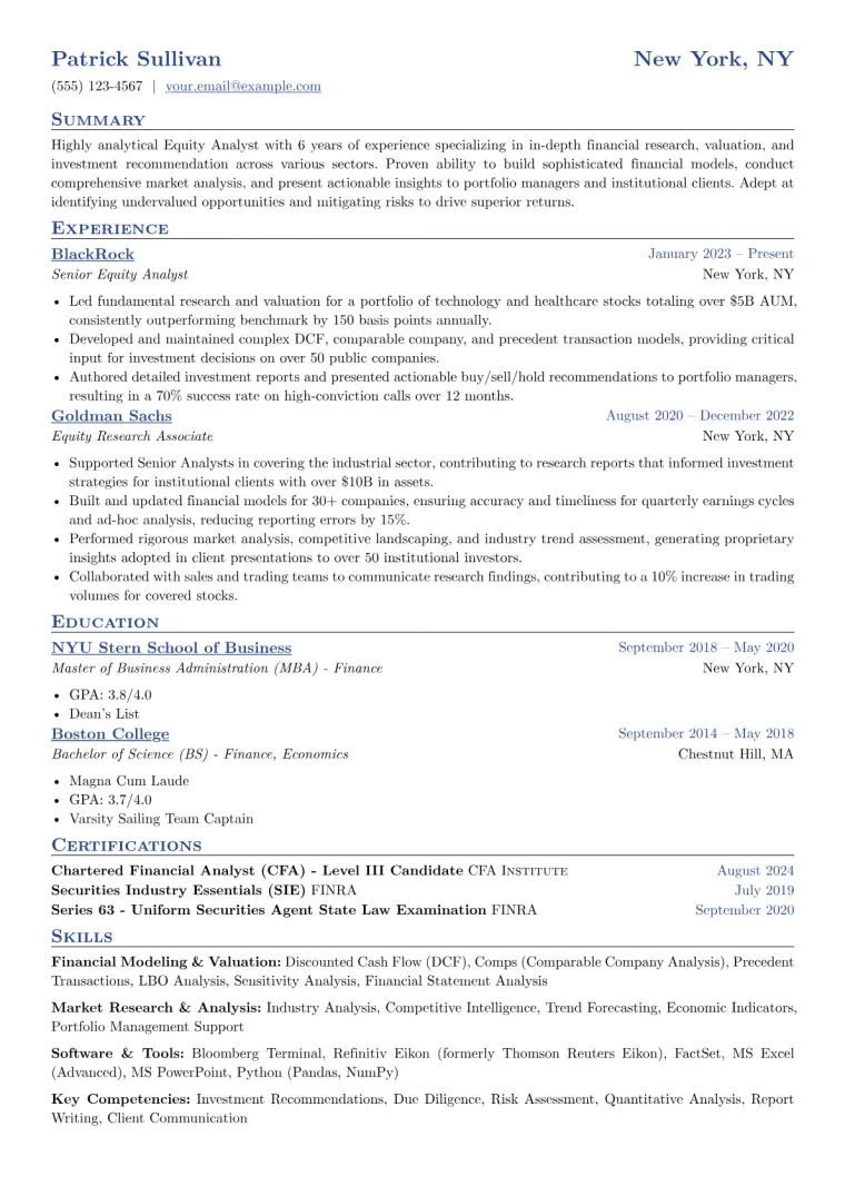 Equity Analyst Resume Example CV template preview