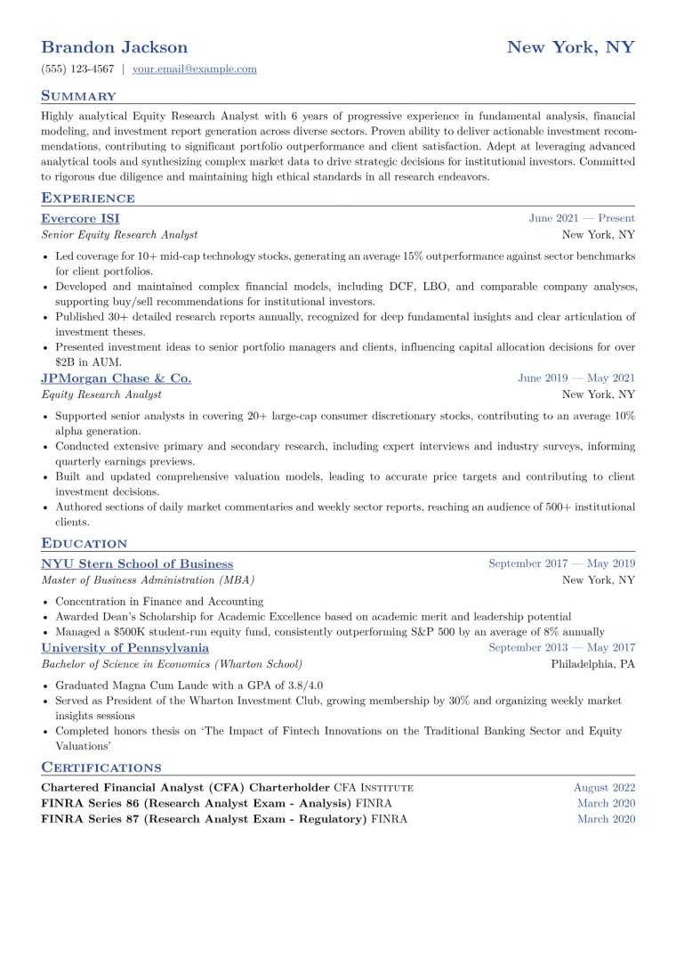 Equity Research Analyst Resume Example CV template preview