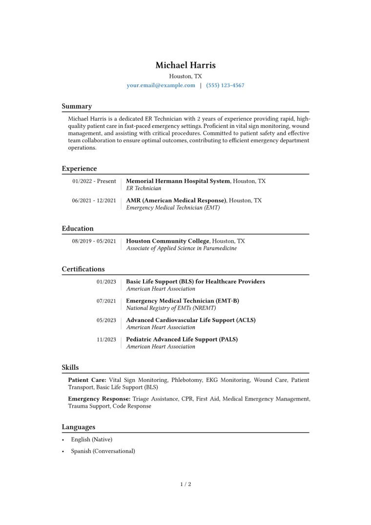 ER Technician Resume Example CV template preview