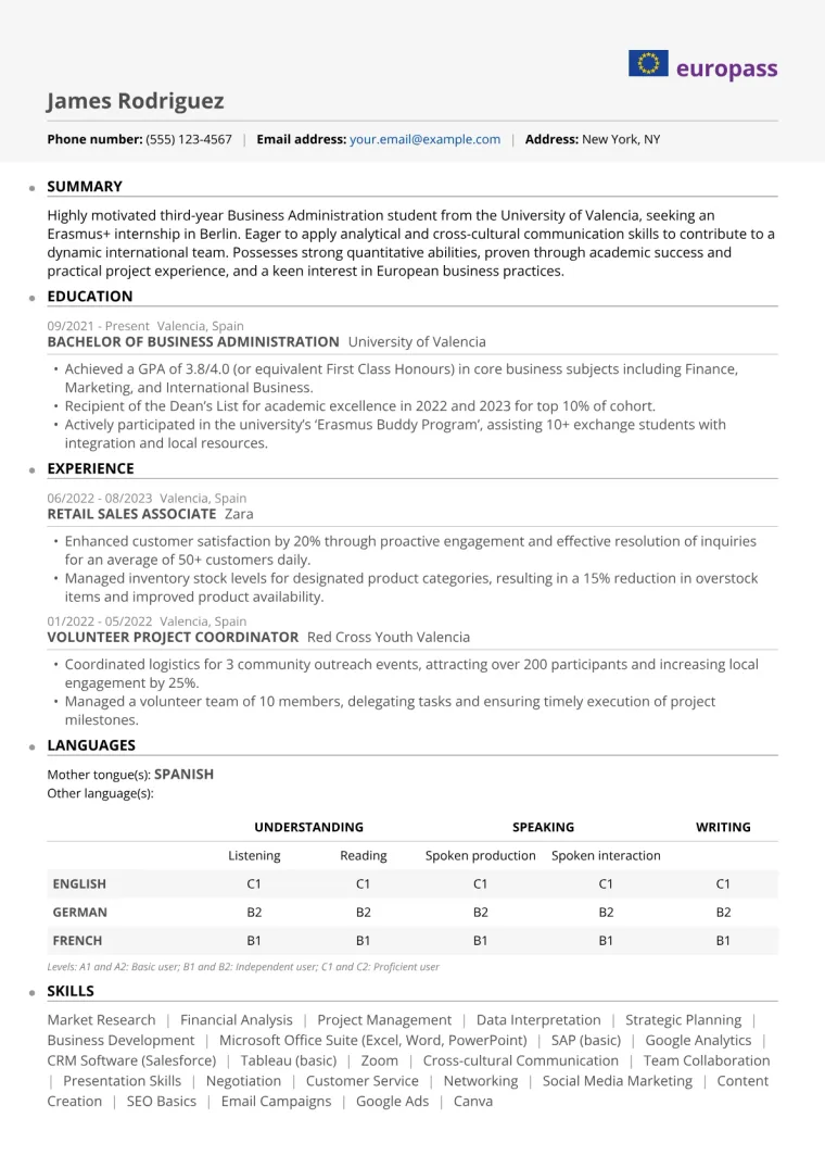 Erasmus internship example