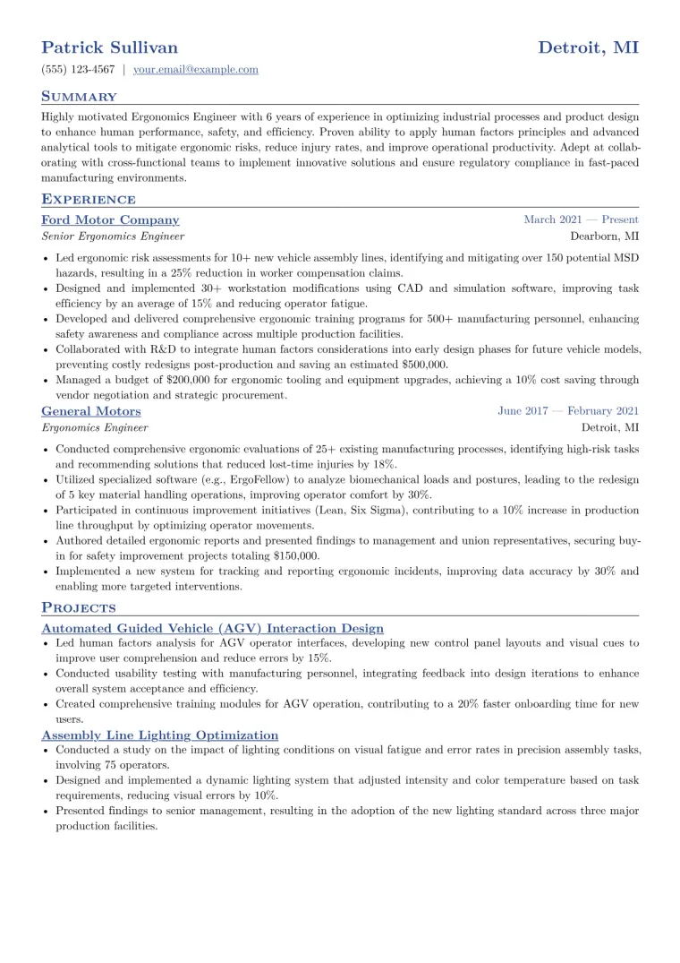 Ergonomics Engineer Resume Example CV template preview