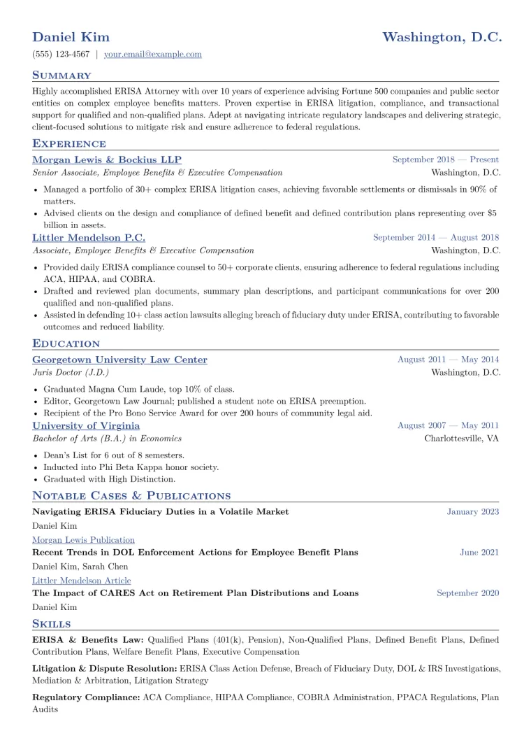 ERISA Attorney Resume Example CV template preview