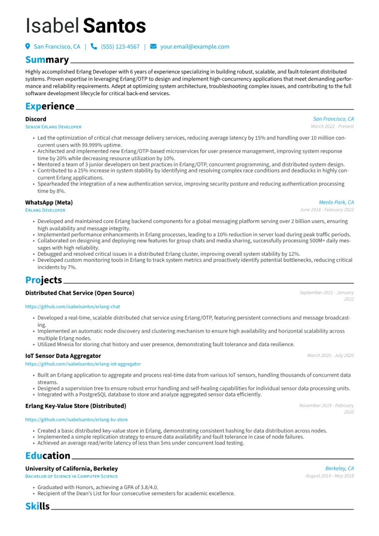 Erlang Developer Resume Example CV template preview