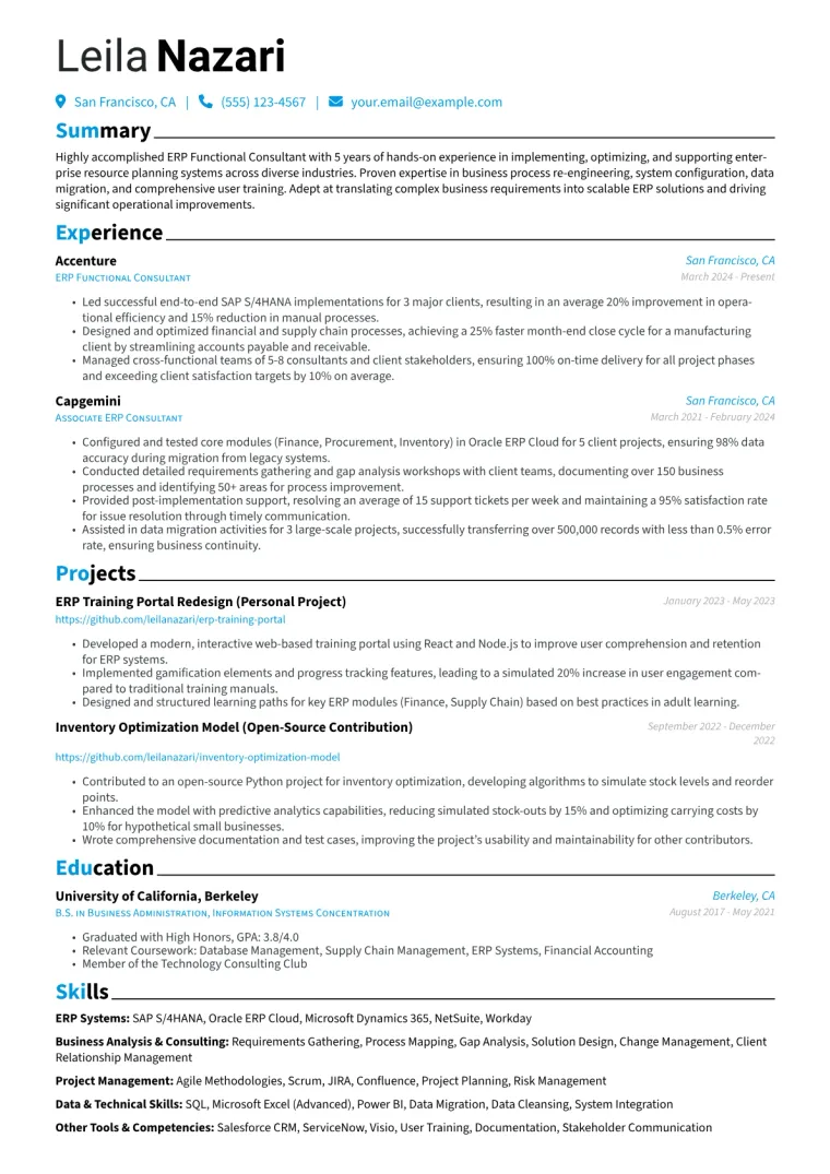 ERP Functional Consultant Resume Example CV template preview