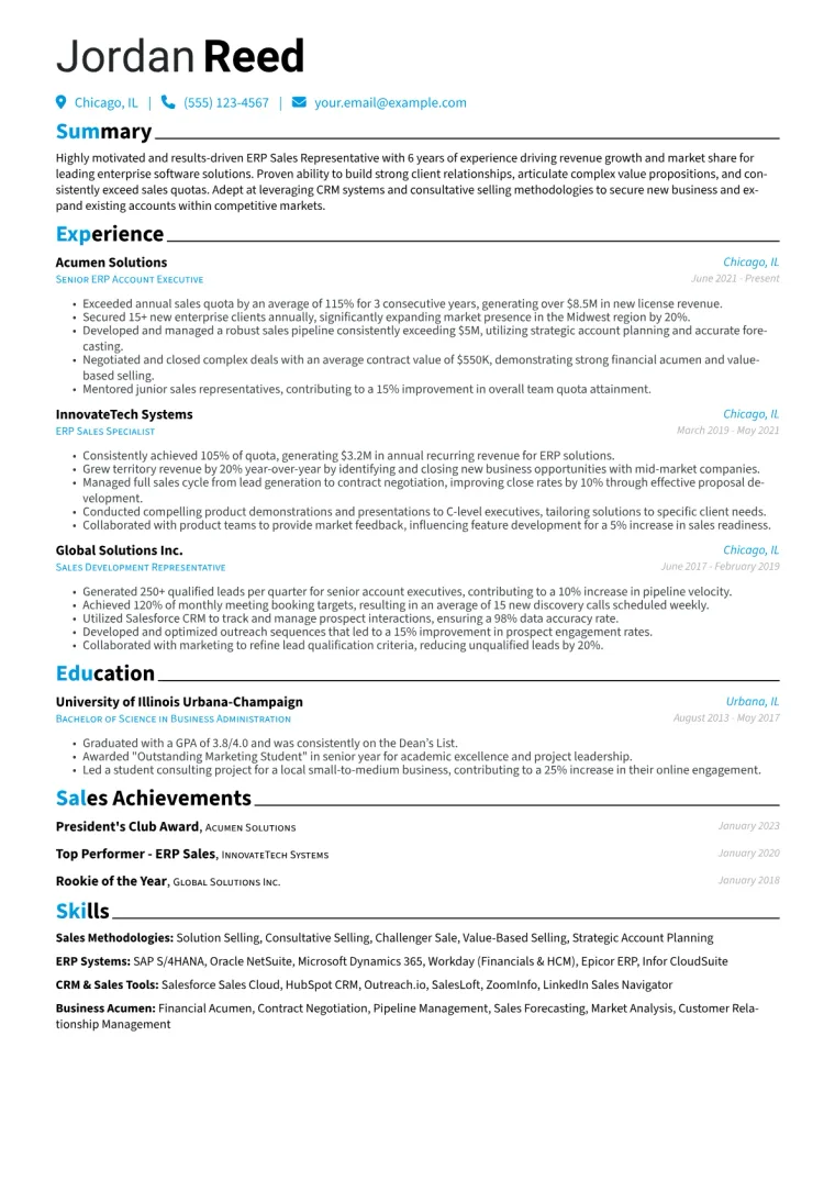 ERP Sales Representative Resume Example CV template preview