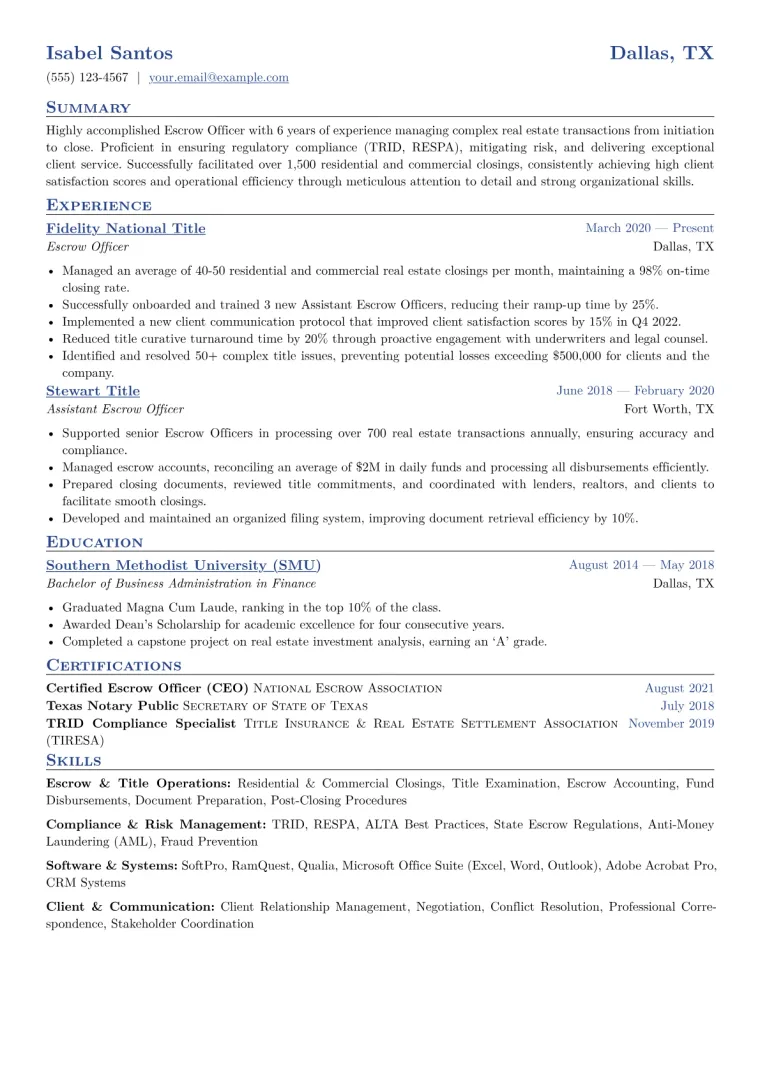 Escrow Officer Resume Example CV template preview