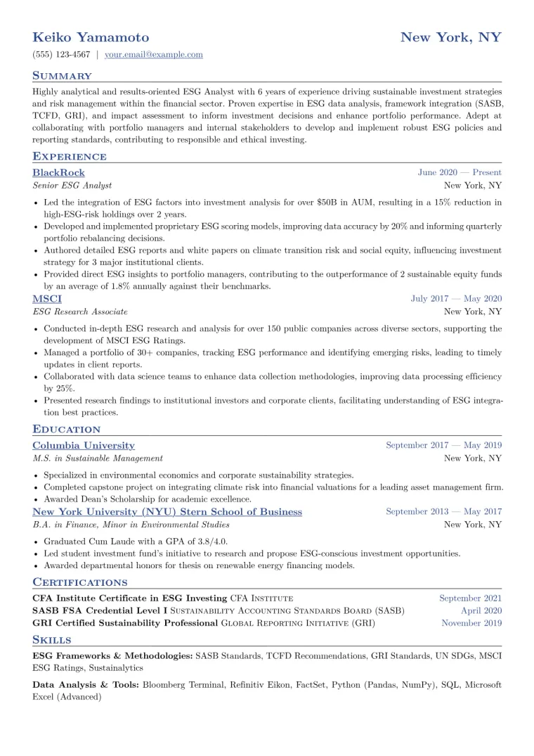 ESG Analyst Resume Example CV template preview