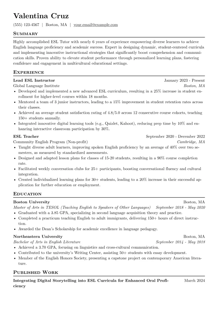 ESL Tutor Resume Example preview