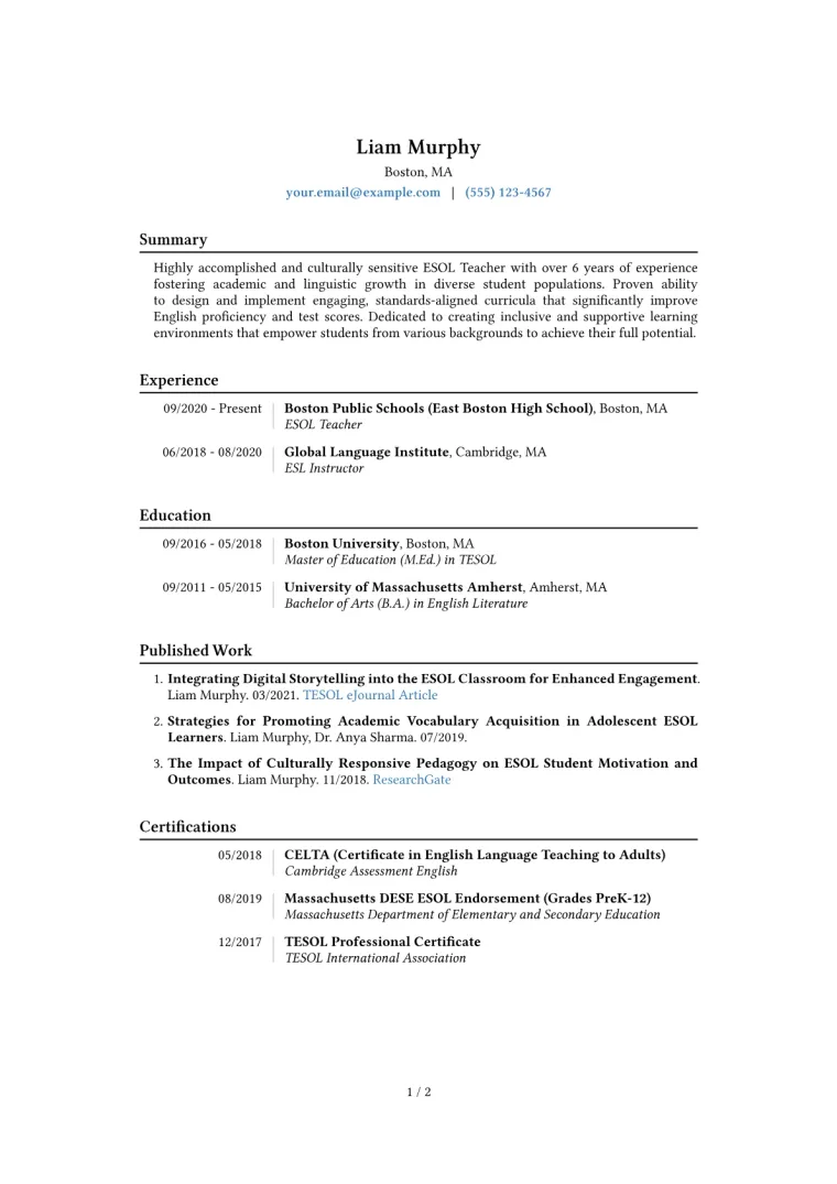 ESOL Teacher Resume Example CV template preview