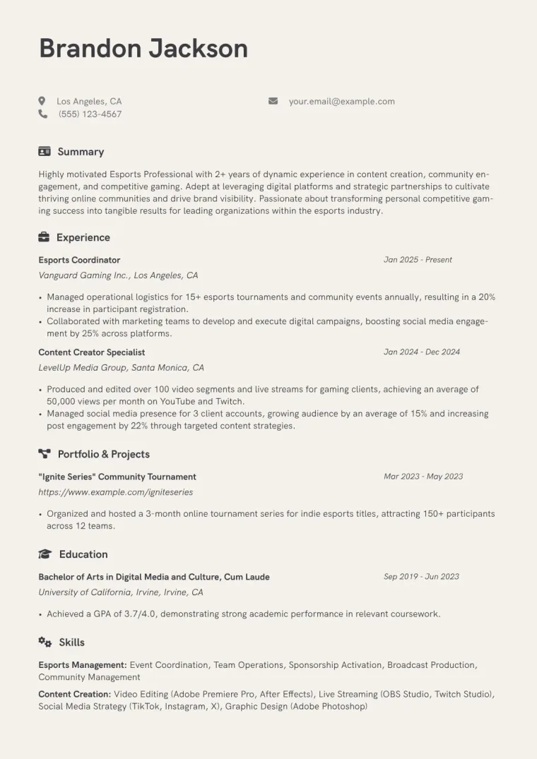 Esports Professional Resume Example CV template preview