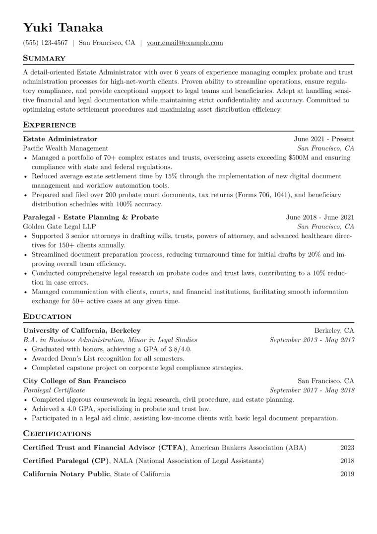 Estate Administrator Resume Example CV template preview