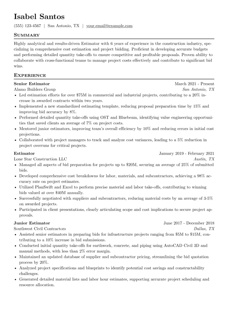 Estimator Resume Example CV template preview