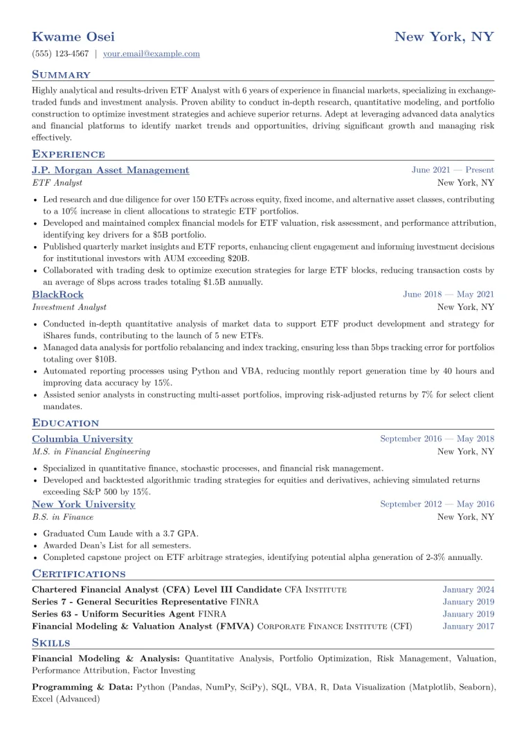 ETF Analyst Resume Example CV template preview