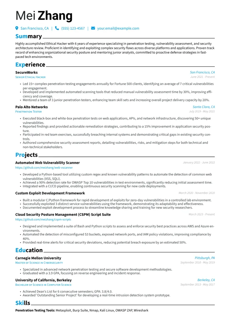 Ethical Hacker Resume Example CV template preview