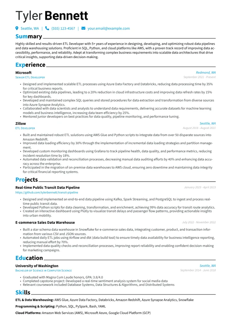 ETL Developer Resume Example CV template preview