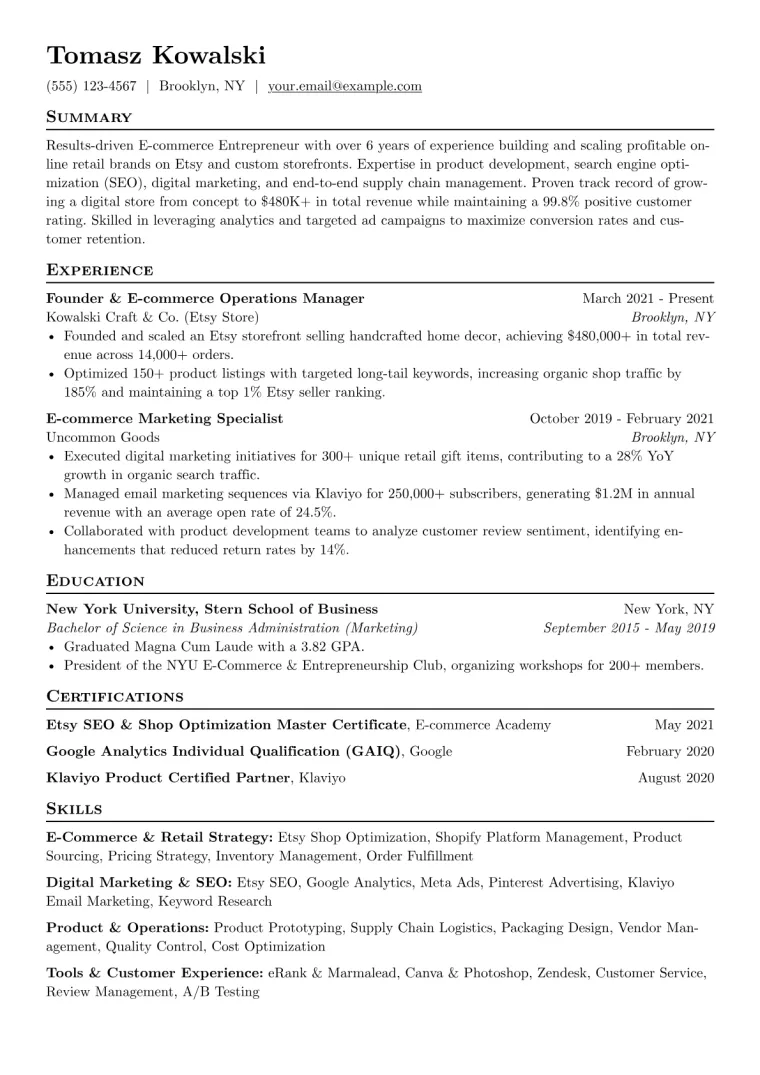 Etsy Shop Owner Resume Example CV template preview