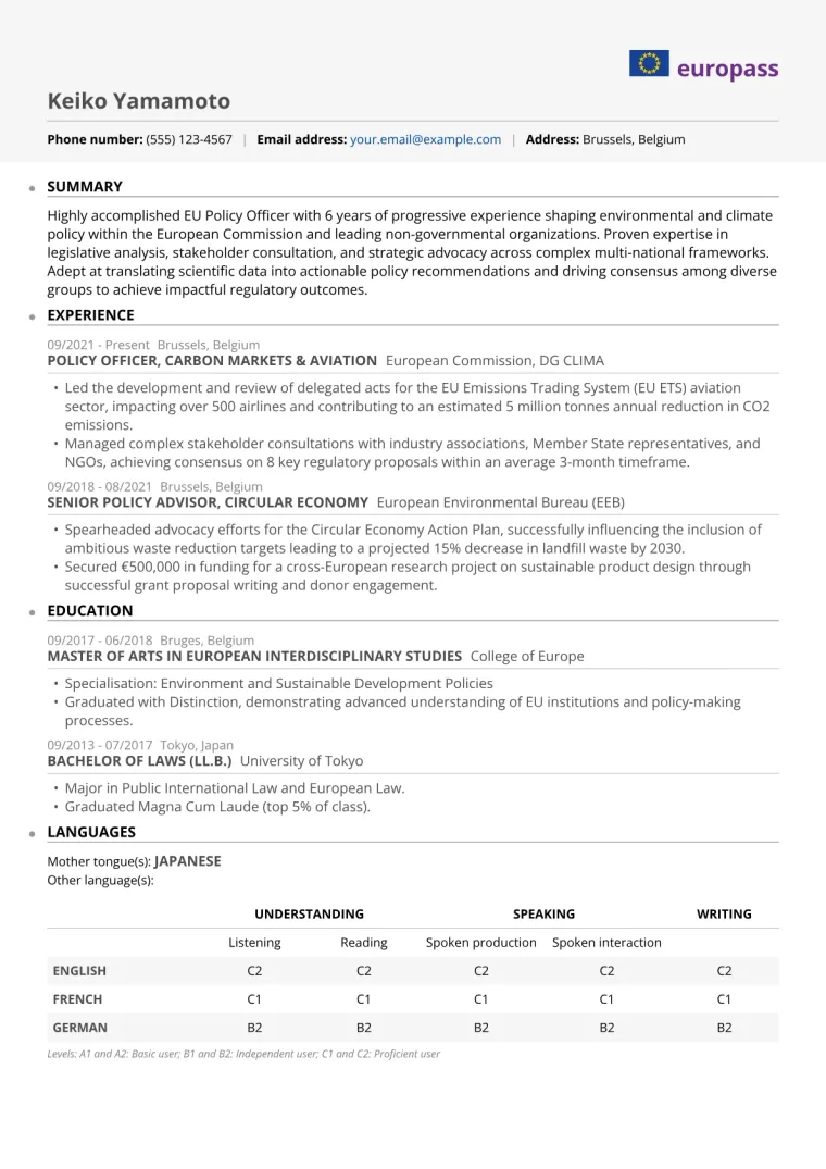EU Policy Officer Resume Example in the Europass template