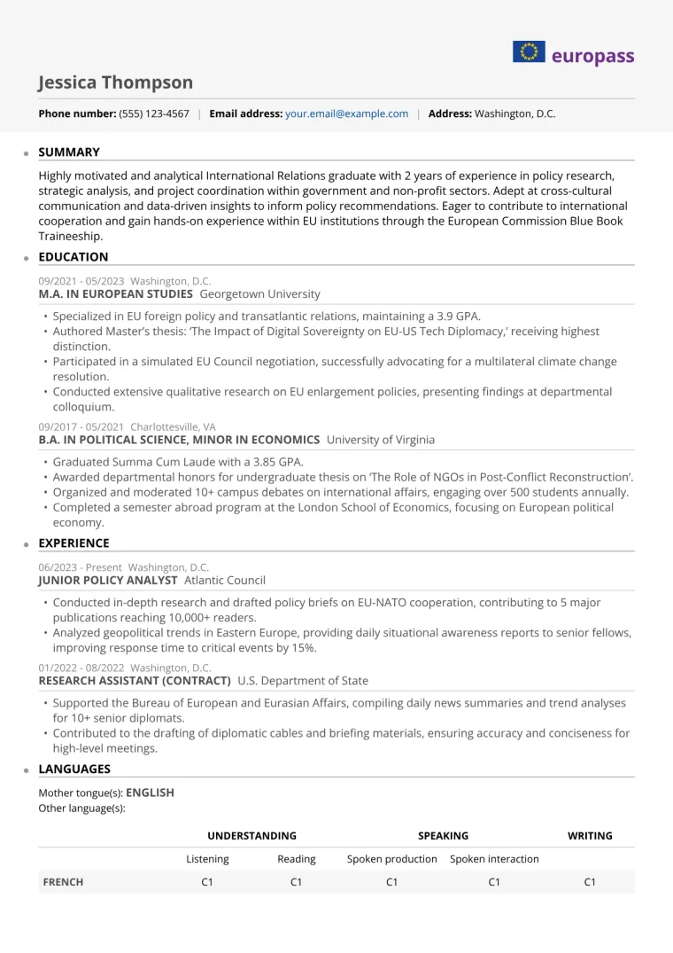 European Commission Trainee Resume Example in the Europass template