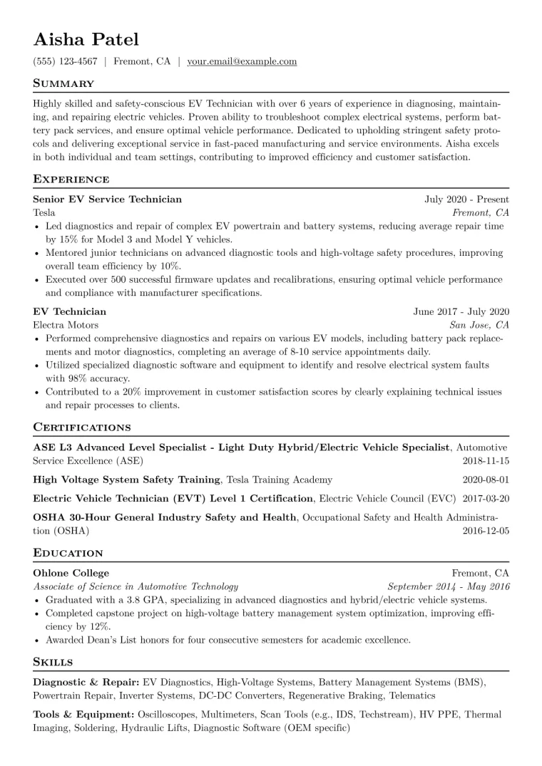 EV Technician Resume Example CV template preview