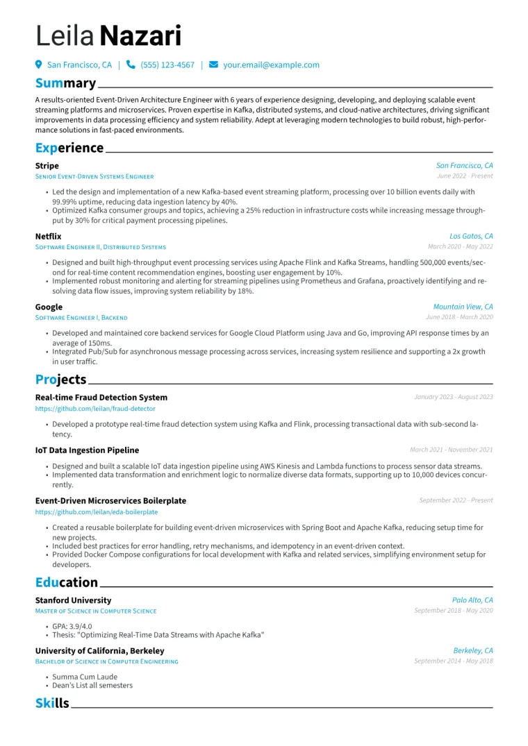 Event-Driven Architecture Engineer Resume Example CV template preview