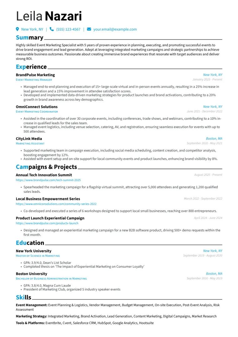 Event Marketing Specialist Resume Example preview