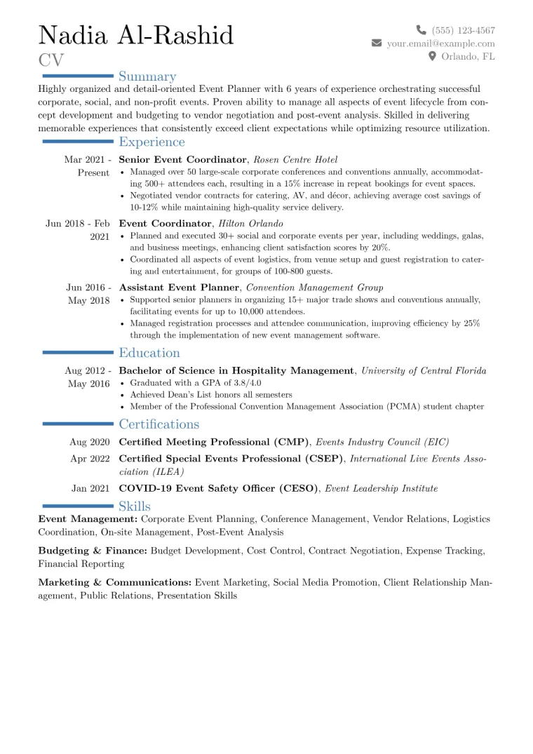 Event Planner Resume Example CV template preview