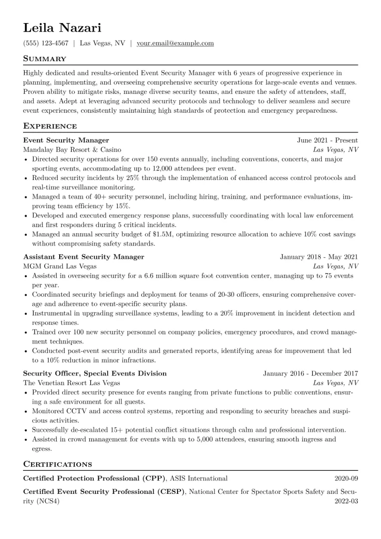 Event Security Manager Resume Example CV template preview