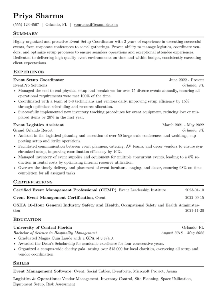 Event Setup Coordinator Resume Example CV template preview