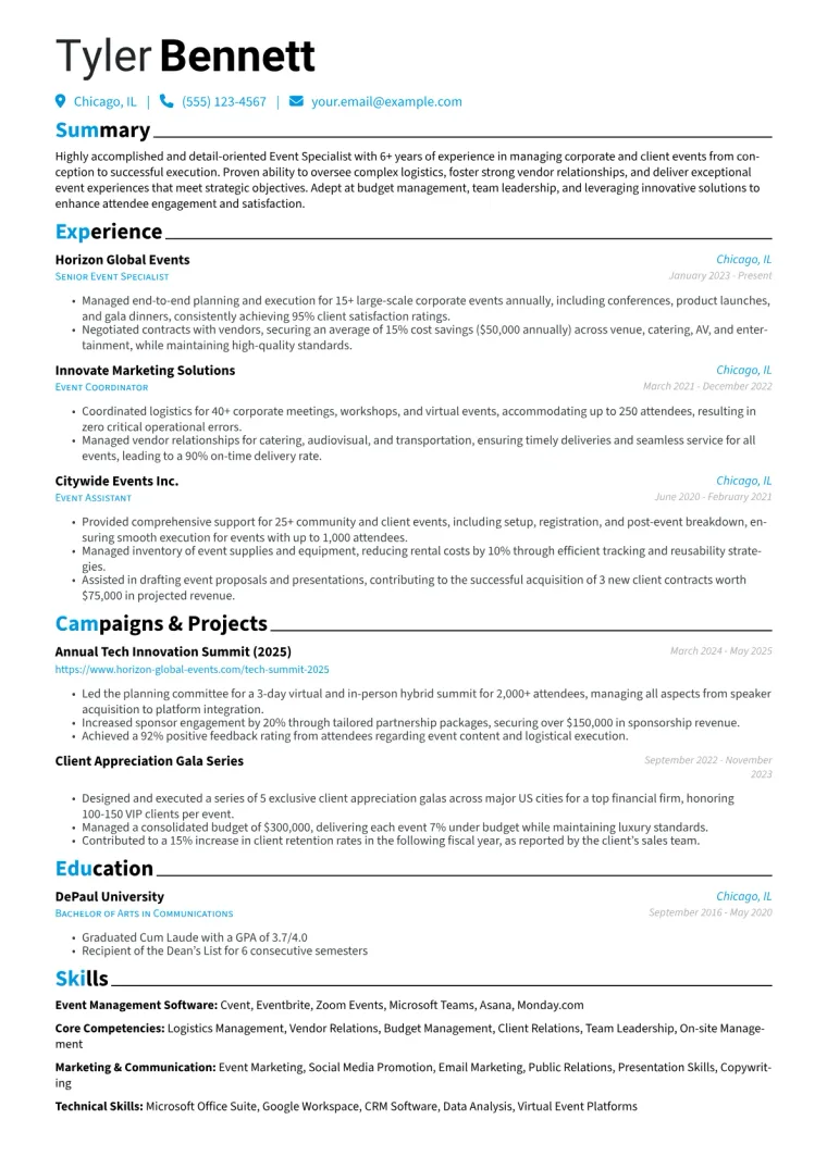 Event Specialist Resume Example CV template preview