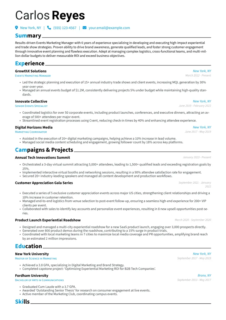Events Marketing Manager Resume Example CV template preview