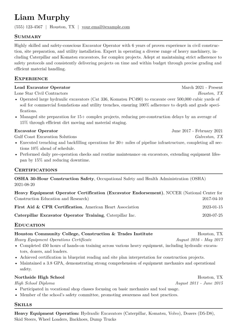 Excavator Operator Resume Example CV template preview