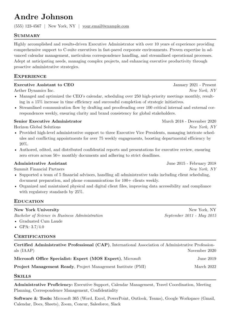 Executive Administrator Resume Example CV template preview