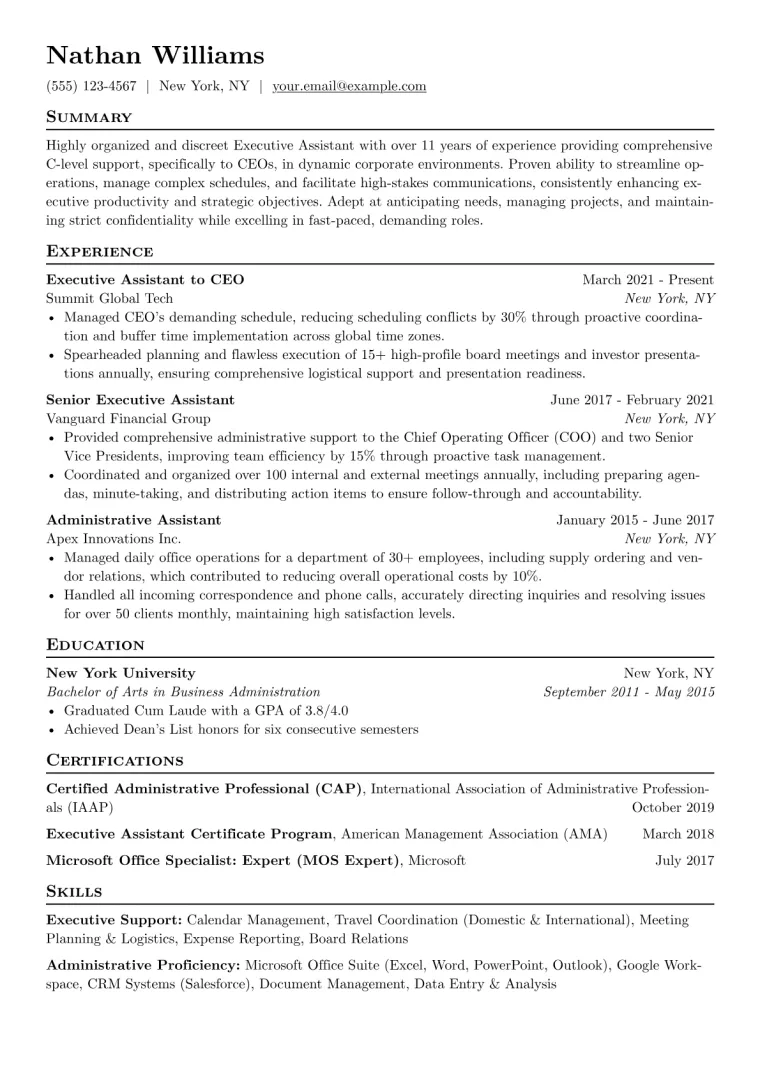 Executive Assistant to CEO Resume Example CV template preview