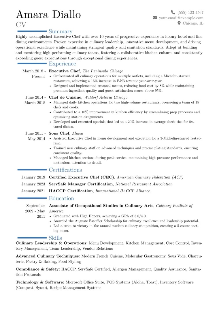 Executive Chef Resume Example CV template preview