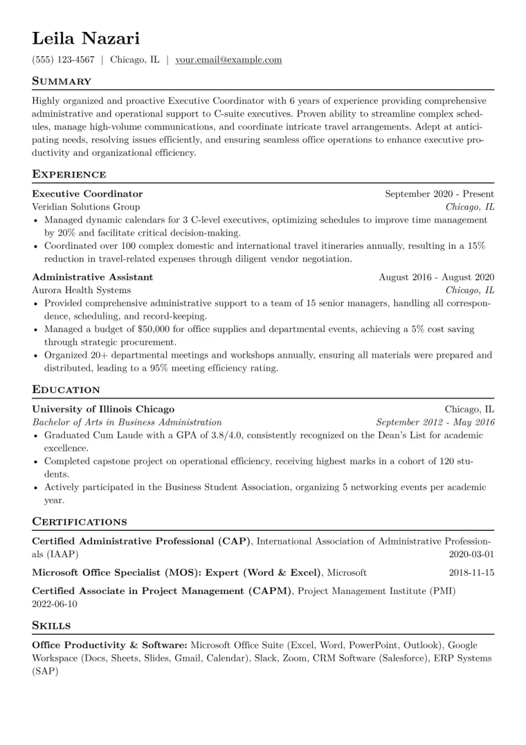 Executive Coordinator Resume Example CV template preview
