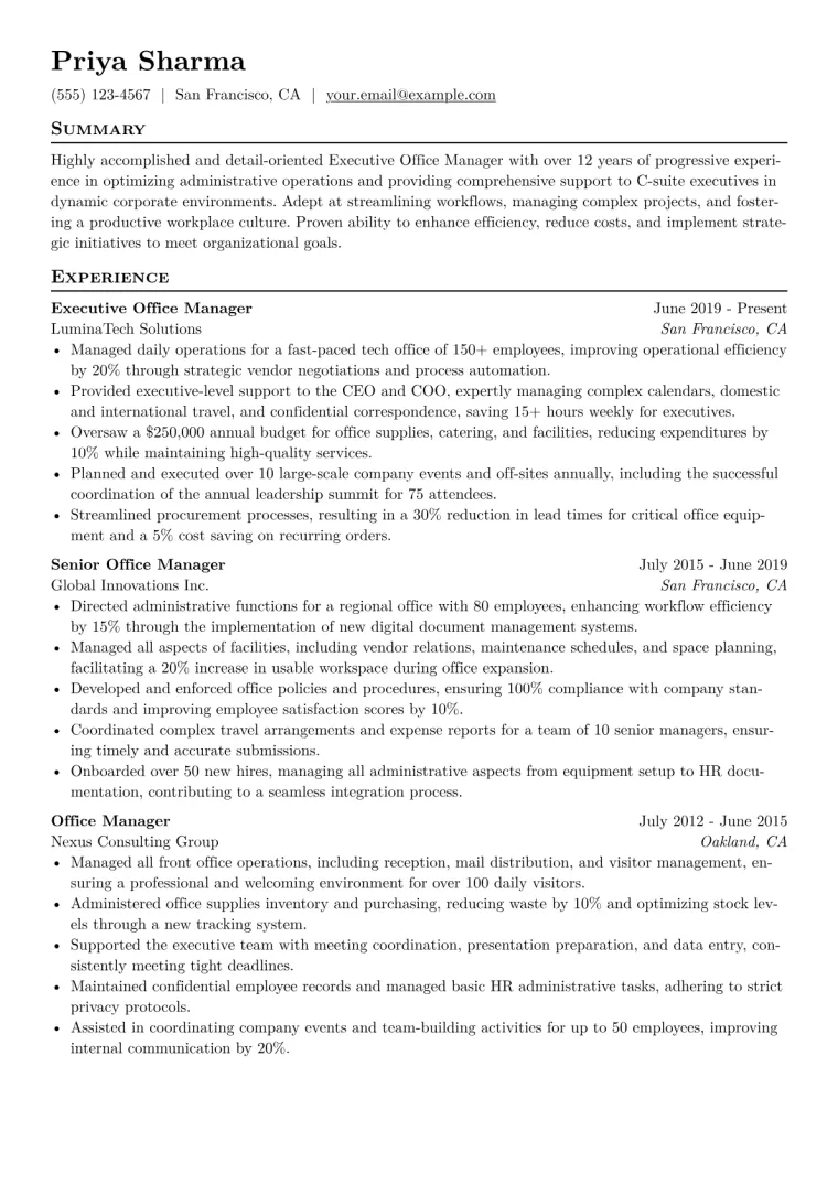 Executive Office Manager Resume Example CV template preview