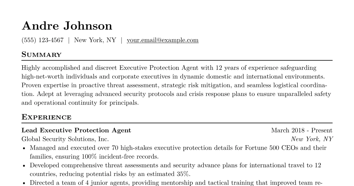 Executive Protection Agent Resume Examples & Free Template