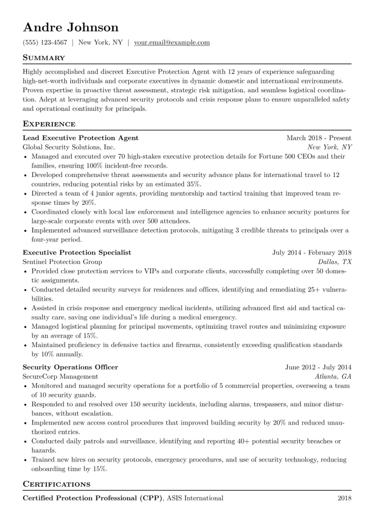 Executive Protection Agent Resume Example CV template preview