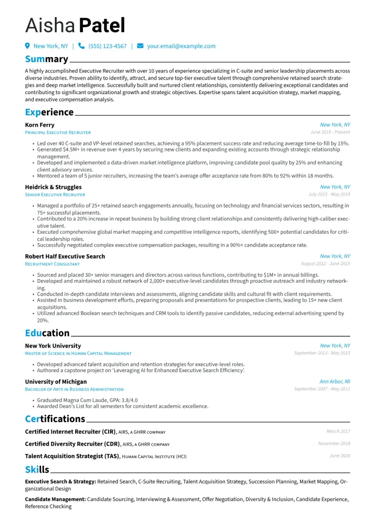 Executive Recruiter Resume Example CV template preview