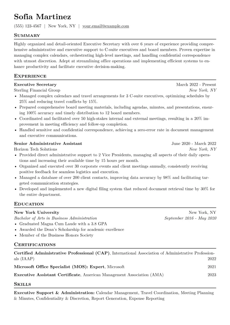 Executive Secretary Resume Example CV template preview