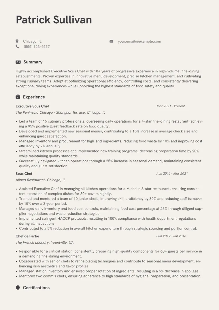 Executive Sous Chef Resume Example