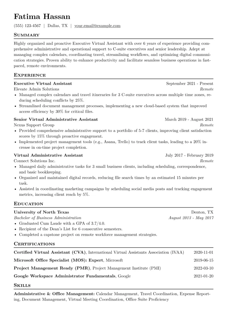 Executive Virtual Assistant Resume Example CV template preview