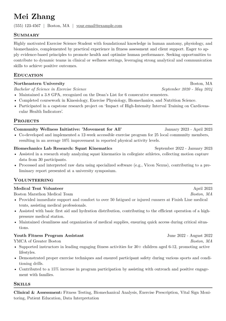 Exercise Science Student Resume Example CV template preview